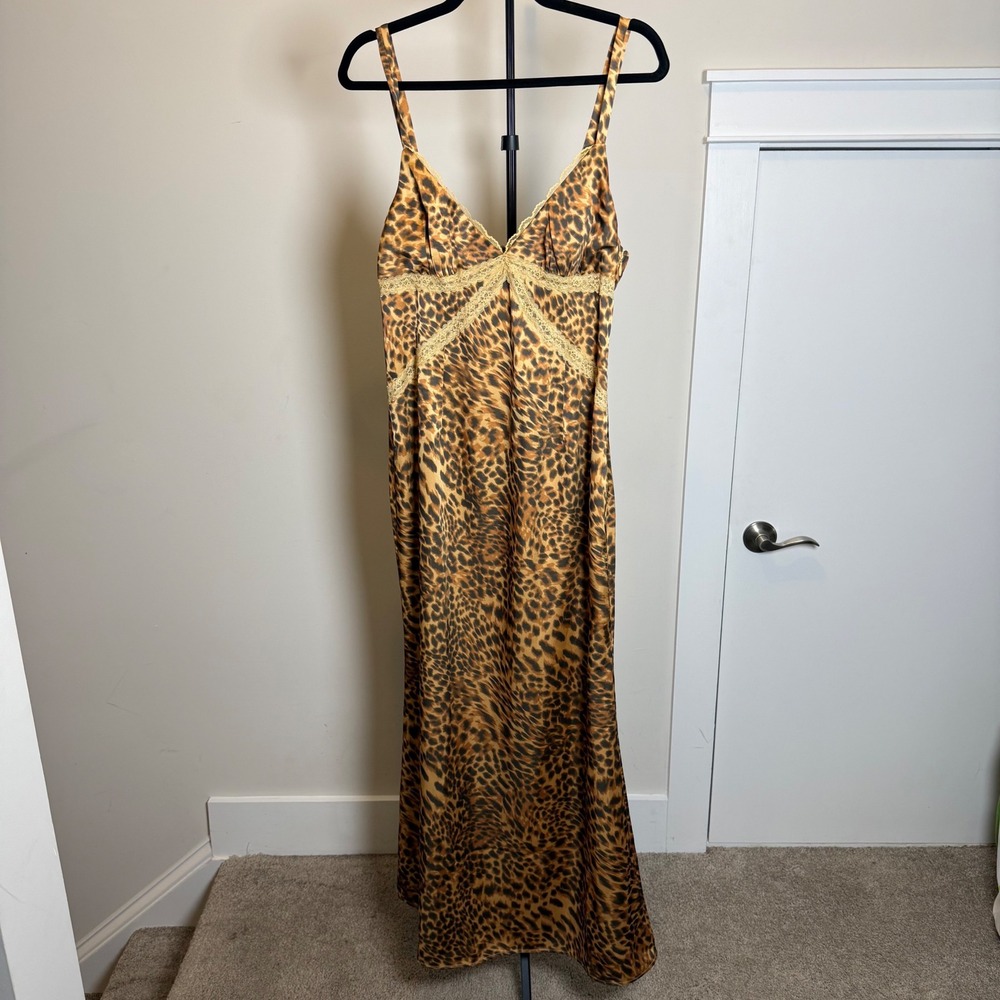 Princess Polly Leopard Maxi Dress Womens 8 Brown Satin Lace Trim Y2K Boho Chic